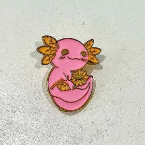 Axolotl Flower Pin Enamel With Gold Outline Floral Animal Sunflower